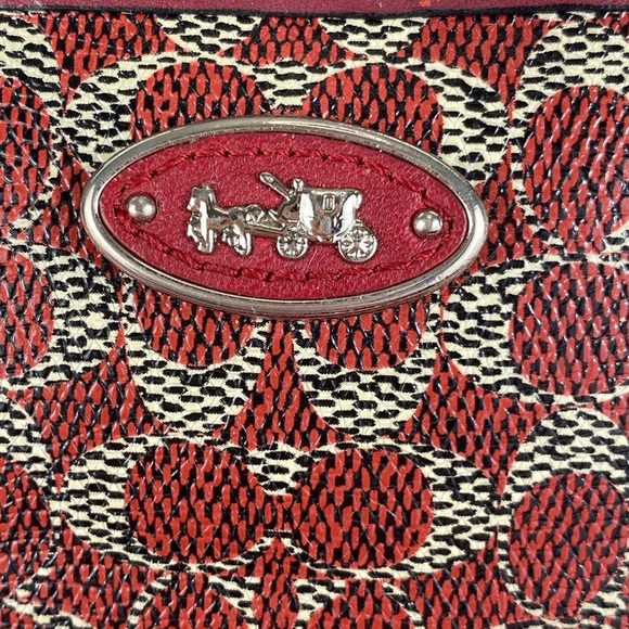 Coach EUC Dark Red and Tan Monogram Corner Zip Wristlet - Picture 3 of 17